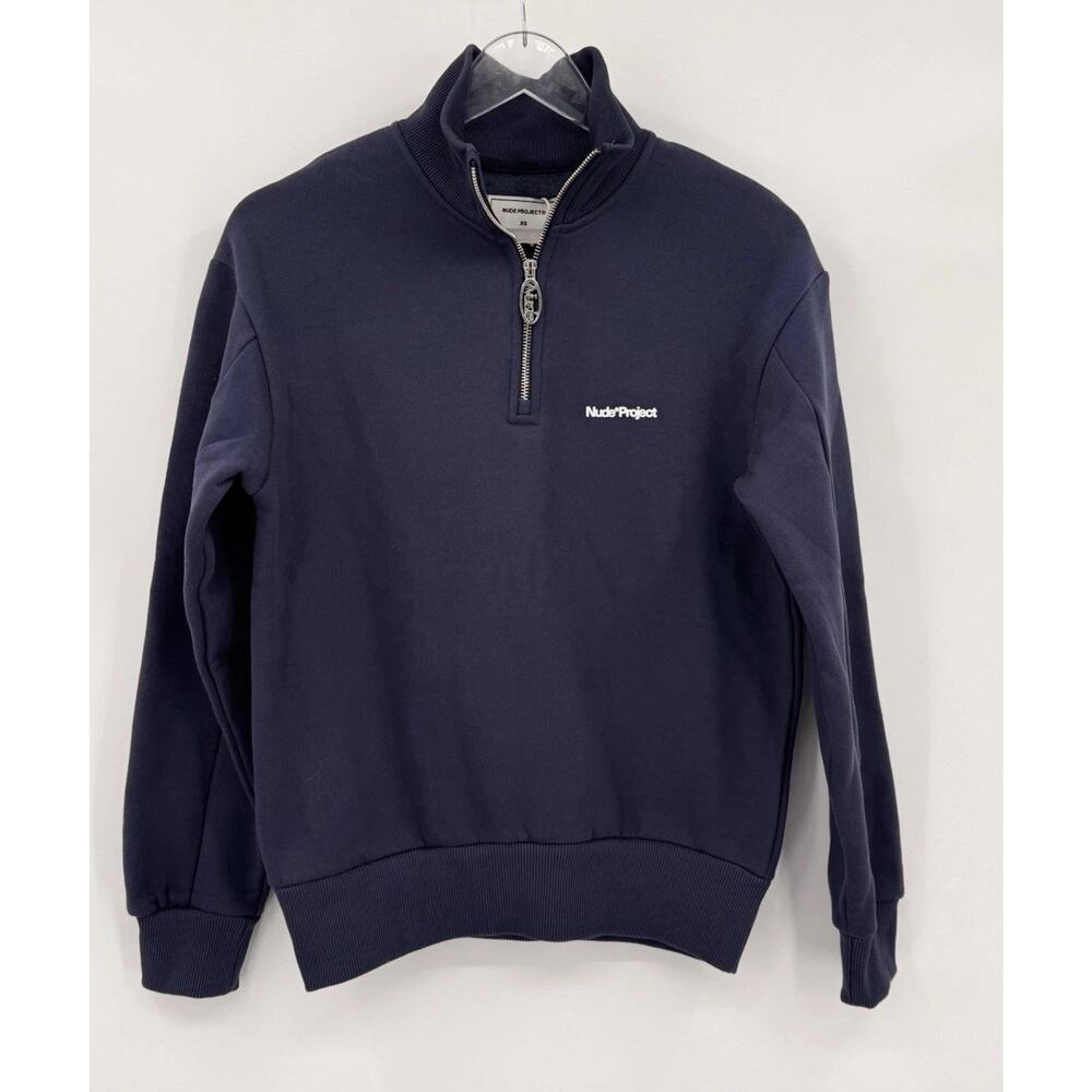 Nude Project Navy Half Zip Sweater Sweatshirt Logo Zipper Pull Size XS NEW